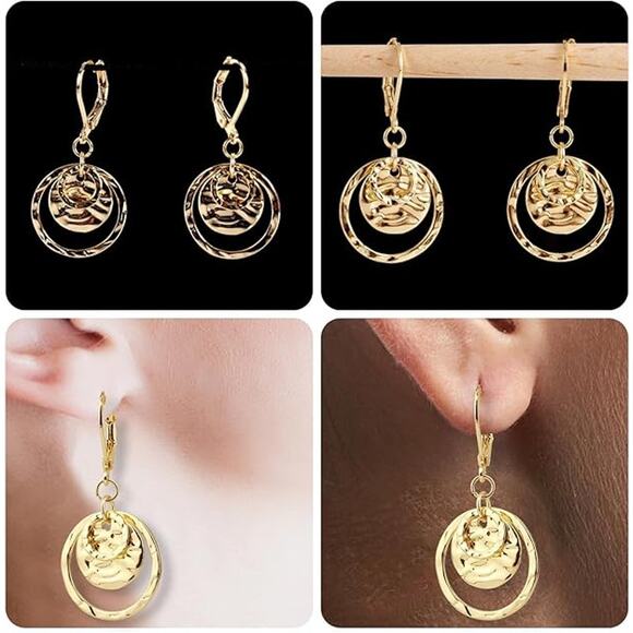 Gold Disc Leverback Circle Dangle Drop Earrings for Women, - Picture 3 of 5